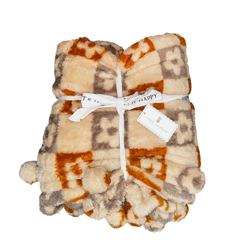 Simply Southern Sherpa Throw Blanket Checkered Flower Pom Pom Tan Brown Orange